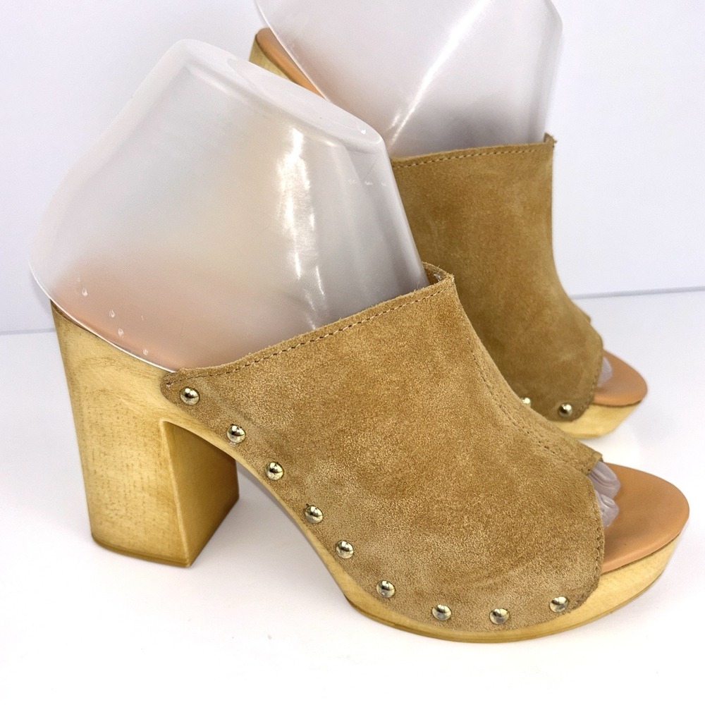 Avellini Suede Camel Tan Italian Wooden Heel Open Toe Clog Mules 37 US 6.5 7